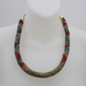 Seed Beaded Choker Necklace in Goldtone